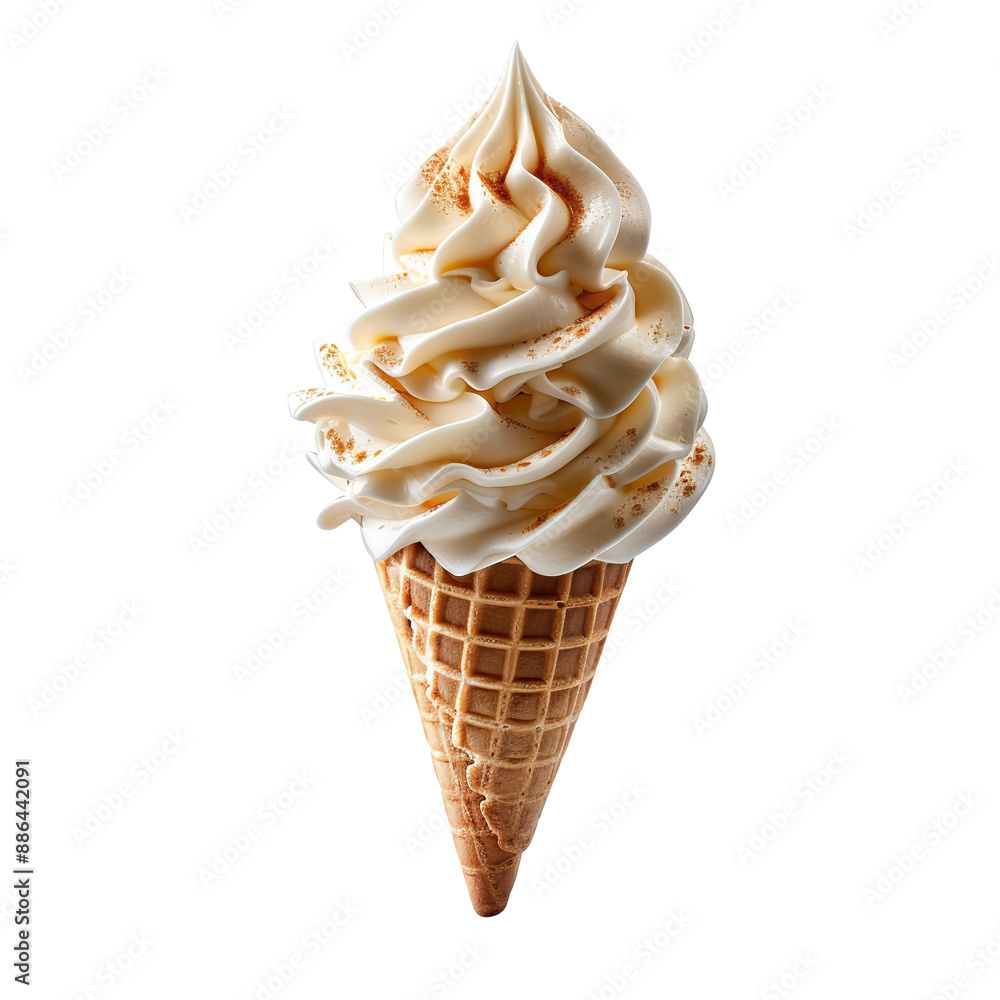Wall mural front view of a delicious looking fig softee swirl in a waffle cone levitating in the mid-air isolat