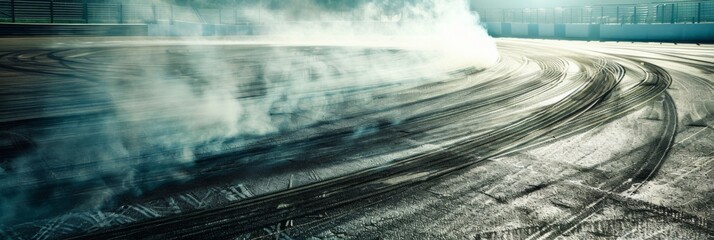Tire track mark and smoke on asphalt tarmac road race track. Driver drifting car on speed track