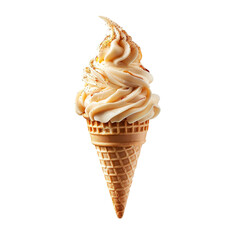 Front view of a delicious looking honey softee swirl in a waffle cone levitating in the mid-air isolated on a white transparent background