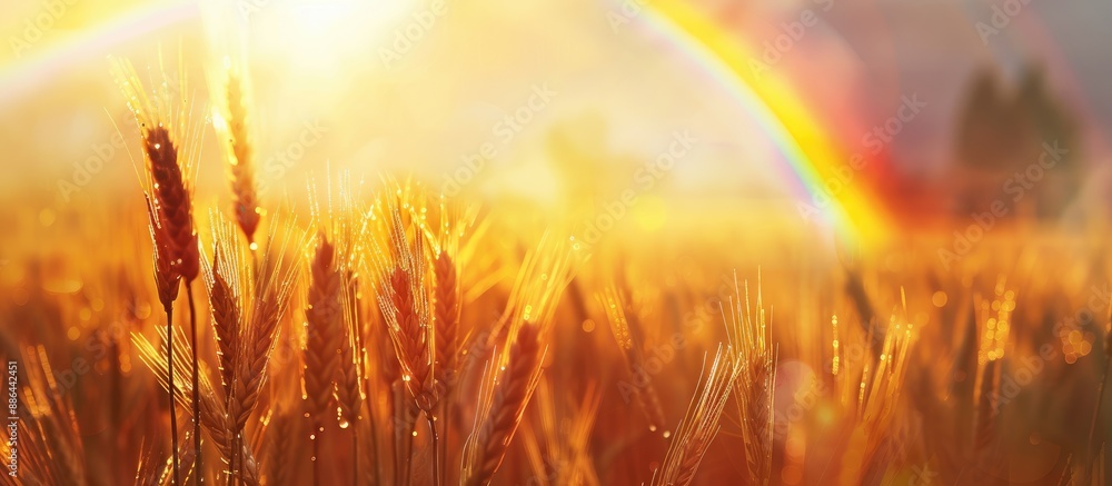 Leinwandbilder Evening sunlight illuminates a wheat field with a double rainbow in the background leaving ample space on the right side of the picture for text with wheat spikelets in the foreground slightly blurred