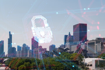 Chicago skyline with a futuristic hologram overlay, on a clear day background. Cybersecurity and technology concept. Double exposure