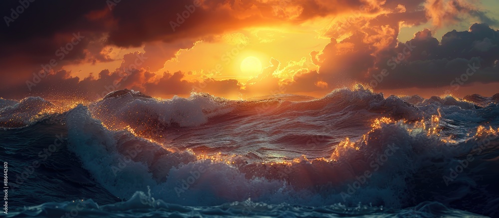 Poster scenic sunset over the sea with the yellow sun casting its light on the big storm waves creating a b