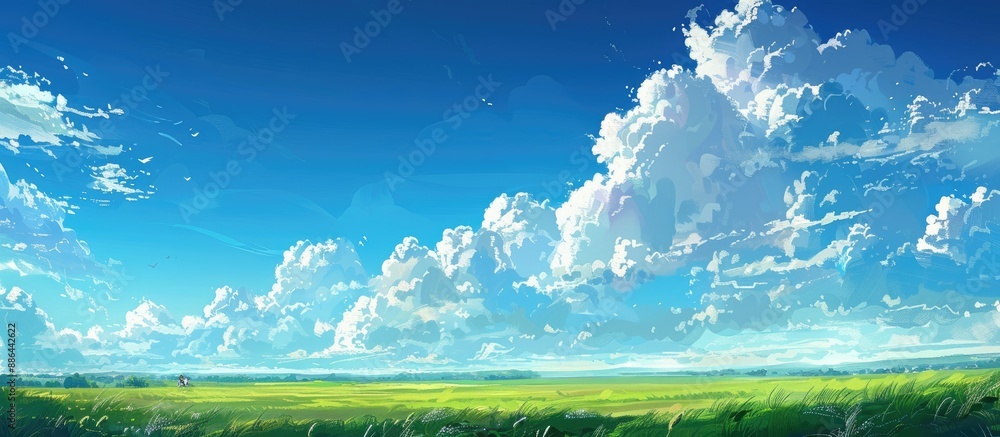 Poster A serene summer day features a clear blue sky fluffy white clouds and a tranquil ambiance ideal for a message or idea in a copy space image