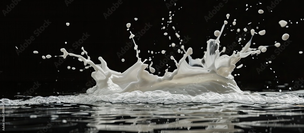 Poster copy space image of white cream splashing into water against a black backdrop