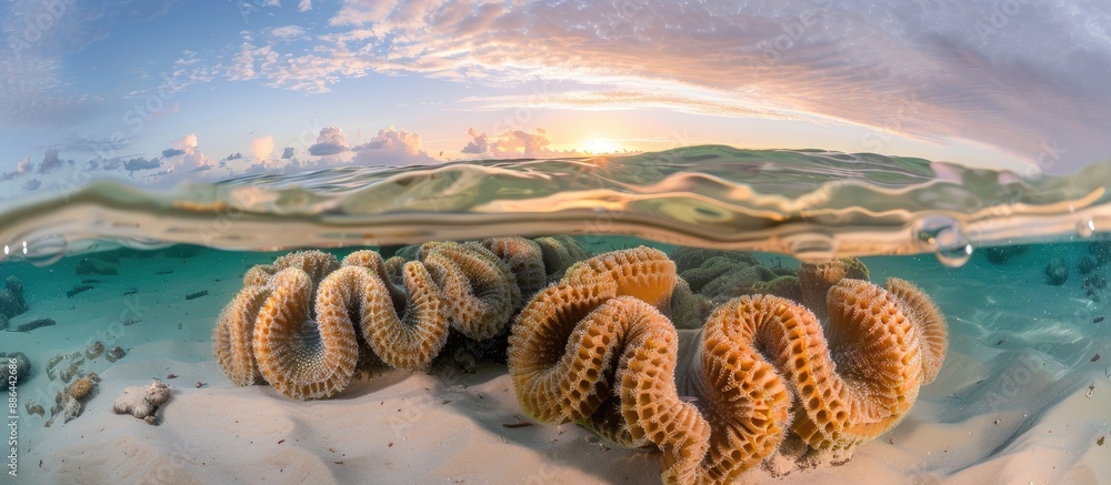 Poster Symmetrical Brain Coral colony displaying tentacles in clear waters of Turks and Caicos at dusk ideal for a copy space image