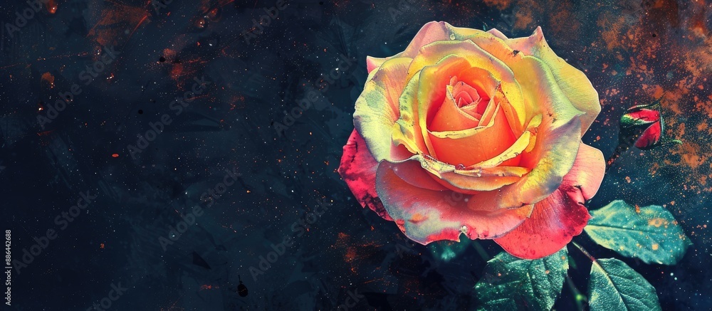 Aufkleber vivid pastel floral macro image featuring a single pink and yellow rose on black background with vin