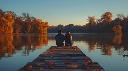A couple sits on a dock overlooking a serene autumn lake, enveloped in the warmth of the setting sun.