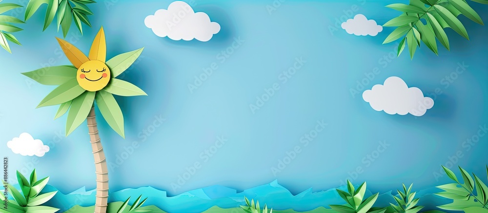 Poster A paper cutout of a palm tree a sun winking clouds on sticks against a blue sky all creating a charming copy space image