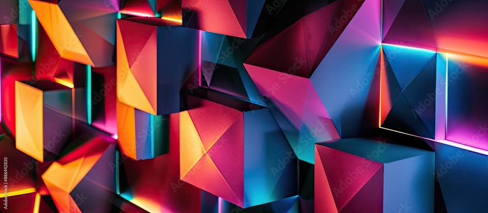 Poster neon lit geometric paper backdrop with vibrant colors for copy space image