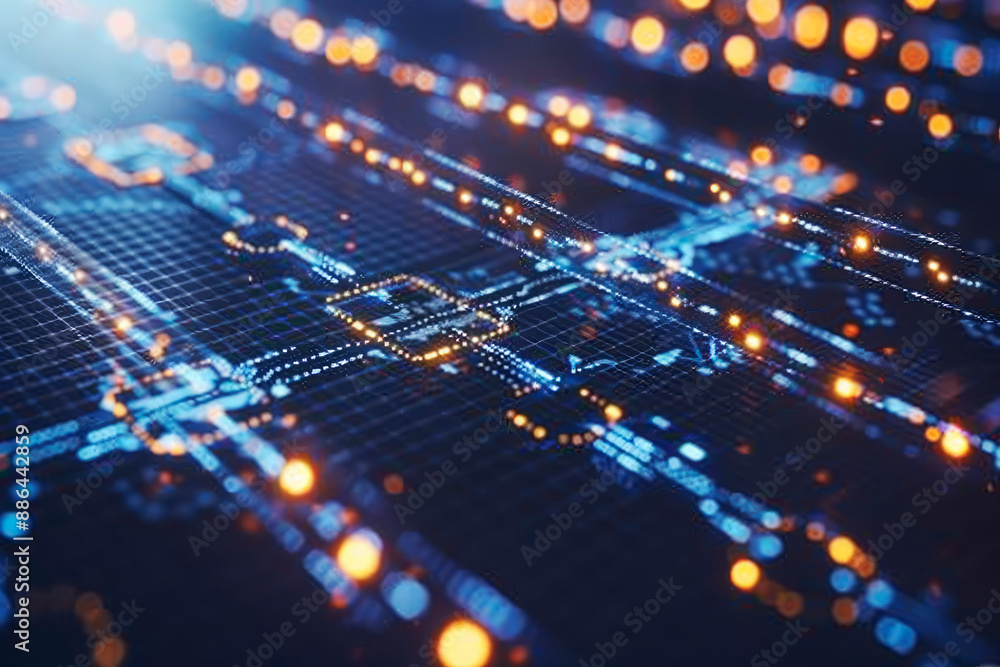 Poster a digital network with glowing lights represents the advanced technological connections and data hig
