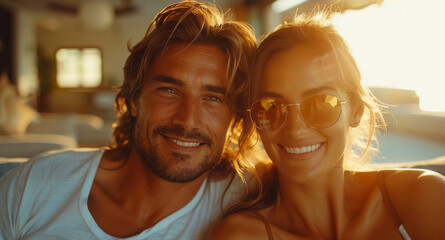 A couple smiles for a selfie on a sunny day while enjoying their vacation.