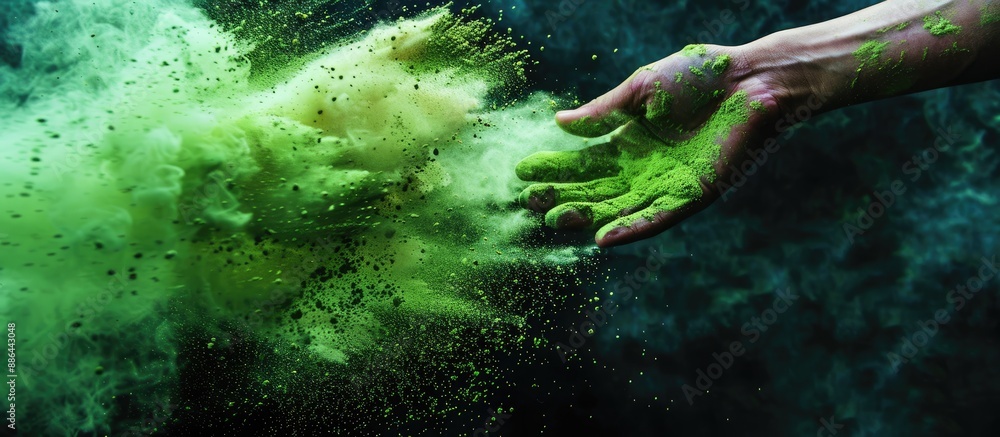Poster Capture the movement of a vibrant green powder burst against a dark backdrop with a hand releasing the powder on a black copy space image