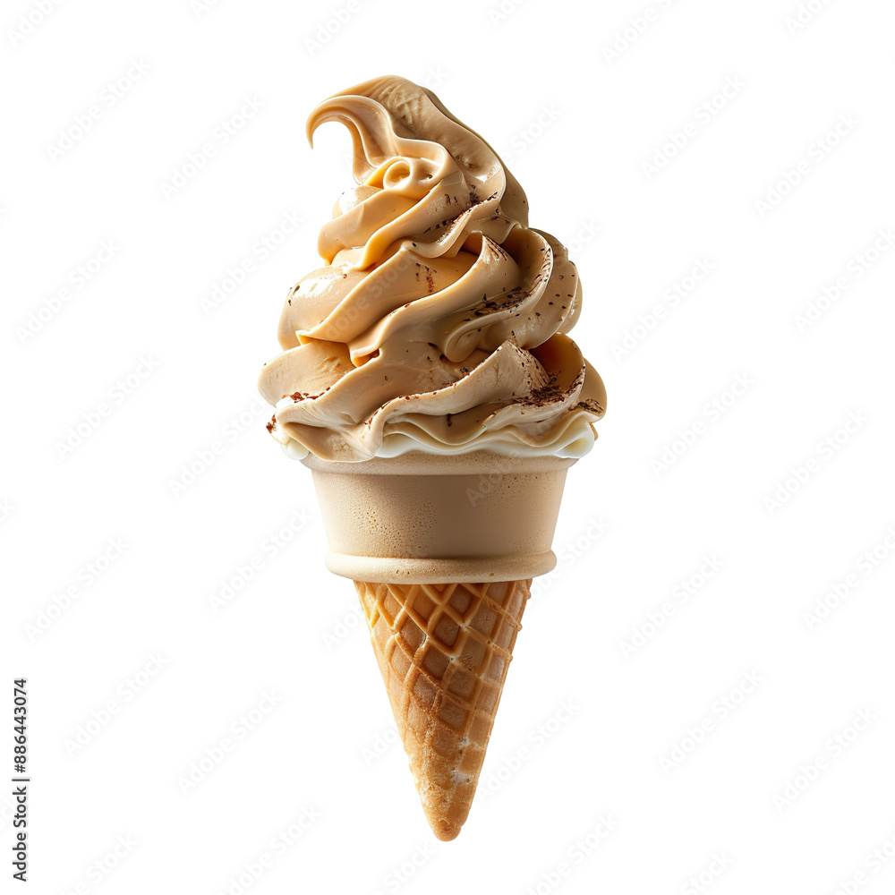Wall mural front view of a delicious looking mocha softee swirl in a waffle cone levitating in the mid-air isol