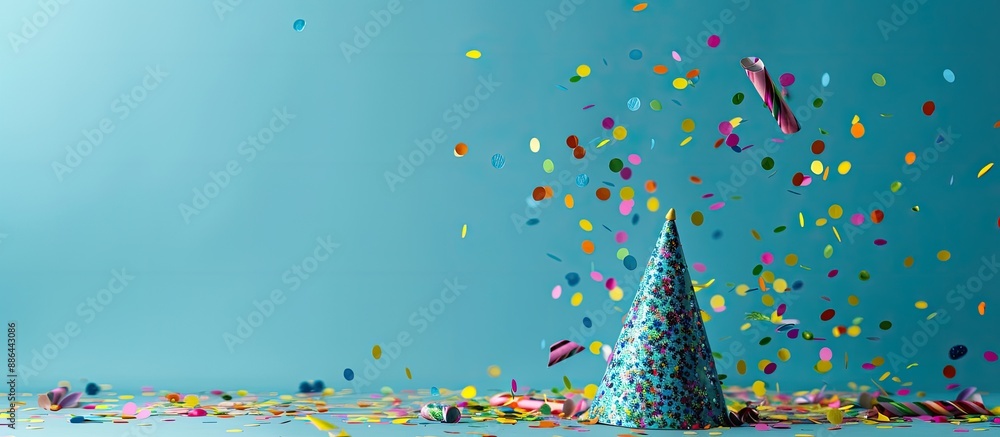 Poster festive birthday hat and confetti displayed on a vivid blue backdrop with ample copy space image