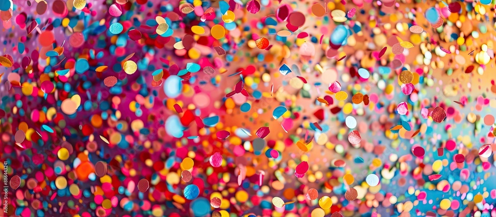 Poster colorful confetti displayed on a vibrant backdrop with copy space image
