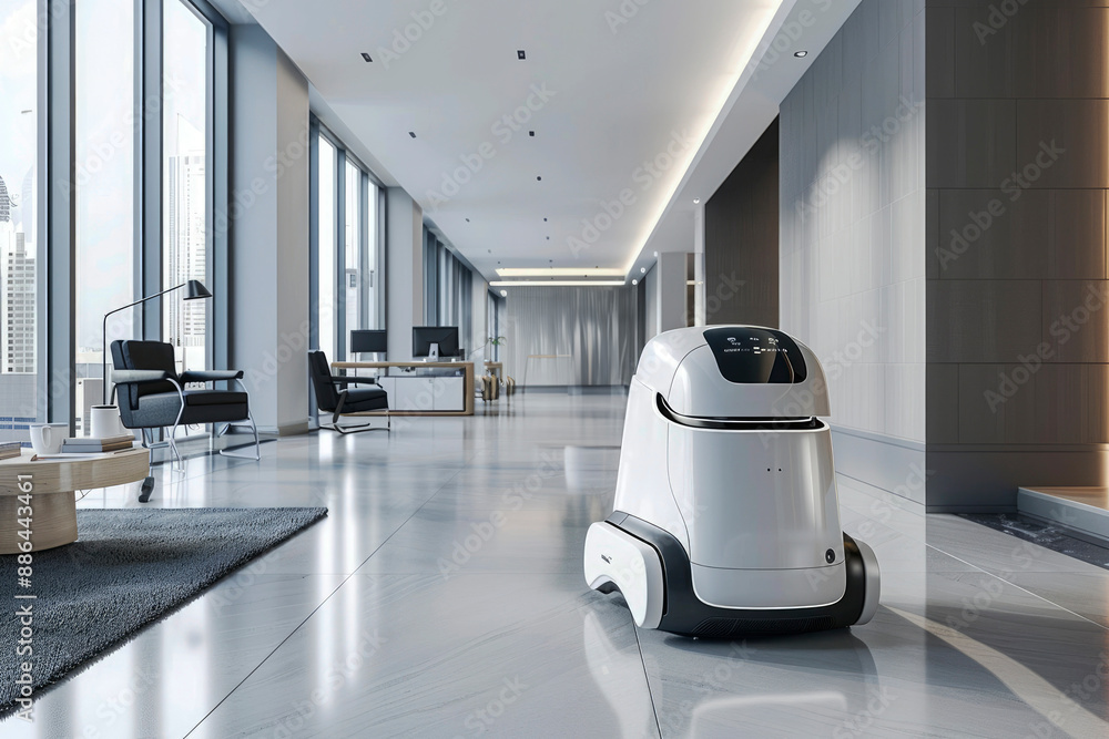 Poster a sleek and futuristic robot in a modern office interior, highlighting advanced technology and minim