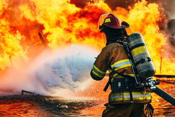 Fototapeta premium A brave firefighter dressed in full gear fights a fierce blaze with a hose, showcasing courage and preparation in the face of daunting danger.