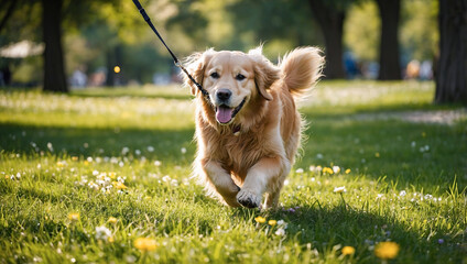 A happy Golden Retriever walks on a leash in a sunny park, enjoying a lovely day outdoors with its owner.