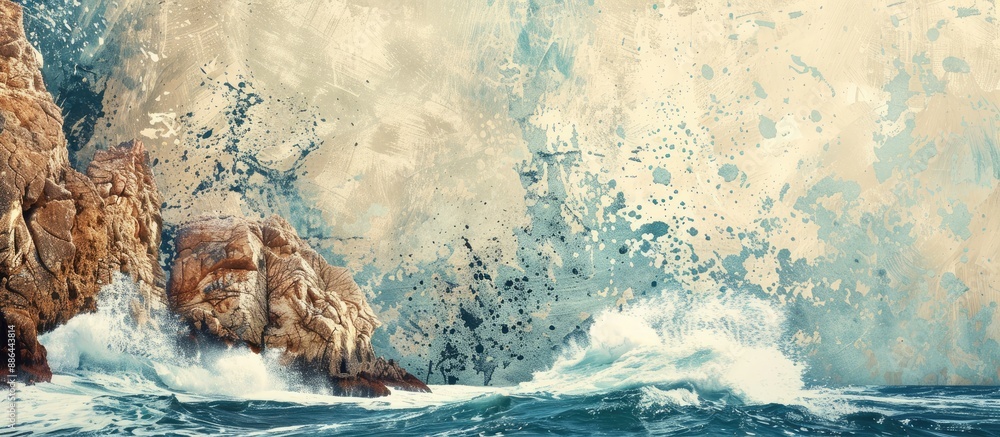 Poster Seascape with waves crashing against rocky cliffs providing a dramatic backdrop with copy space image