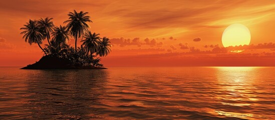 Sunset casts an orange glow behind a scenic island in the Pacific Ocean creating a picturesque scene with an empty space for text or graphics known as a copy space image