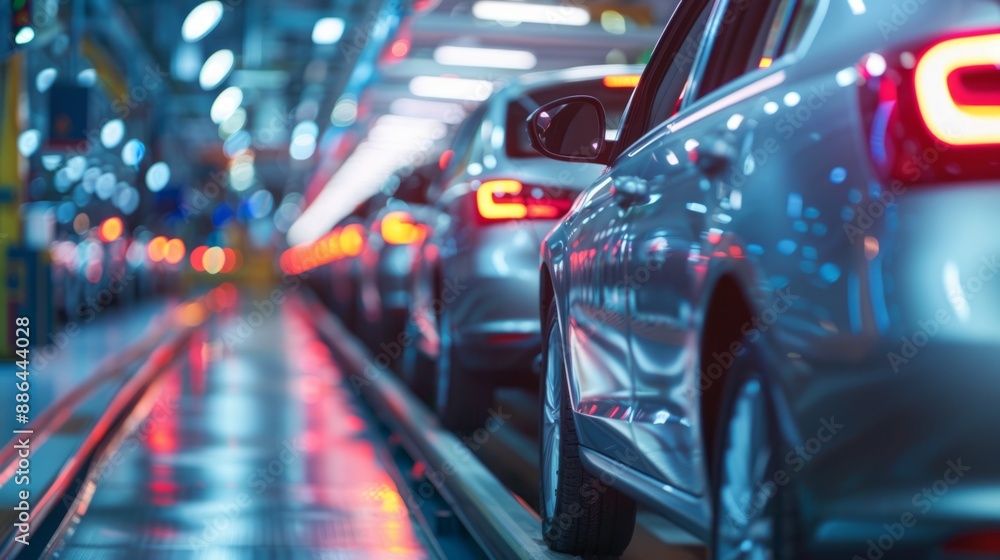 Poster a line of silver cars moves slowly along a conveyor belt in a factory setting, bathed in the soft gl