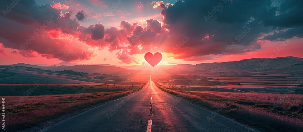 Poster scenic sunset sky with a red heart shape a road and clouds in a picturesque landscape romantic backd