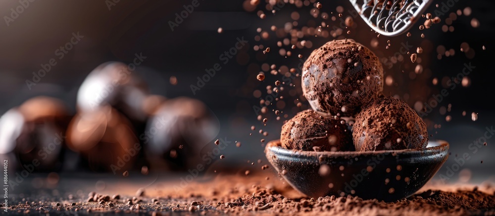Poster close up conceptual photo of a handmade chocolate truffle ball sprinkled with cocoa through a sieve 