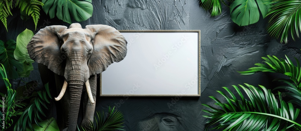 Poster Create a layout with a mock up poster frame greenery and an elephant for enhancing a copy space image