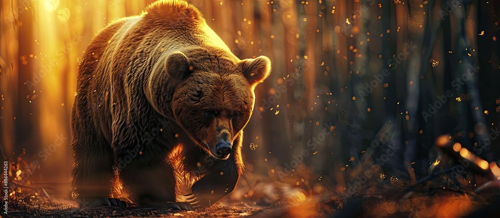 Poster A bear strolling against a natural setting with available copy space in the image symbolizing the concept of wild animals