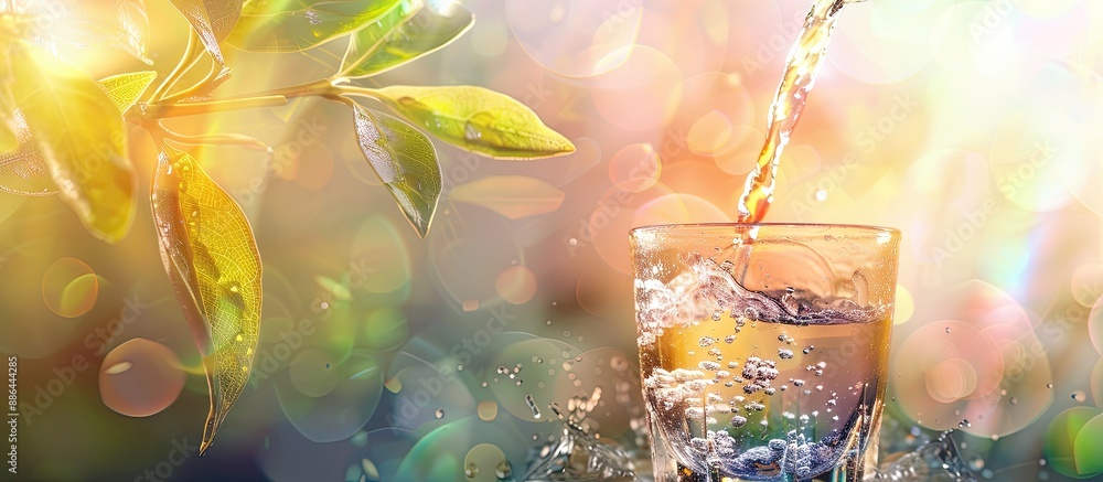 Poster healthy lifestyle concept portrayed in a banner with purified water flowing from a bottle into a gla