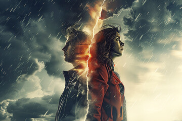 Dynamic image of a couple split by a lightning bolt during a storm, symbolizing relationship struggles and emotional turmoil.