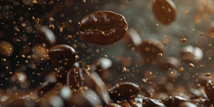 A cluster of coffee beans suspended in mid-air, perfect for food or beverage-related content