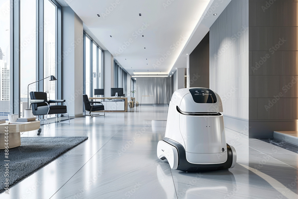 Poster a sleek white robot efficiently cleans the floor in a modern, spacious office environment, reflectin