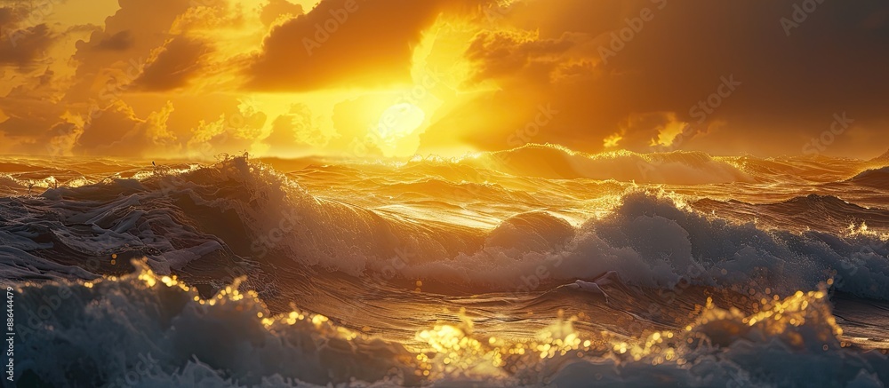 Poster scenic sunset over the sea with the yellow sun casting its light on the big storm waves creating a b