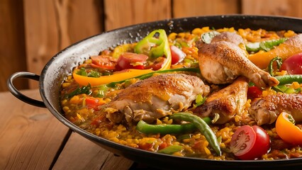 Fototapeta premium Traditional Spanish Paella with chicken. Wooden background. Front view.