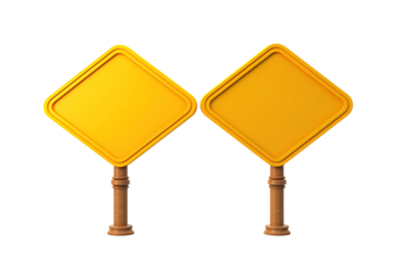 Two Blank Yellow Diamond Signs on Wooden Posts Isolated Against a White Background on a White or Clear Surface PNG Transparent Background