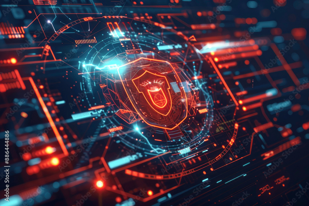 Poster advanced digital security interface with holographic shield and circuits, signifying strong digital 