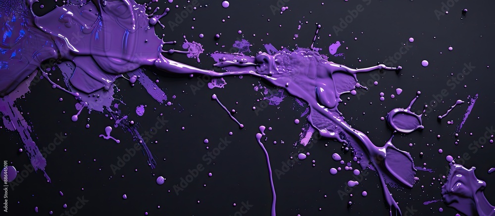 Poster vibrant purple paint splatters on a black backdrop with ample copy space for images creating an arti