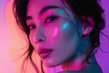 Minimalistic neon effect photography of an Asian woman with pink skin in a studio shot.