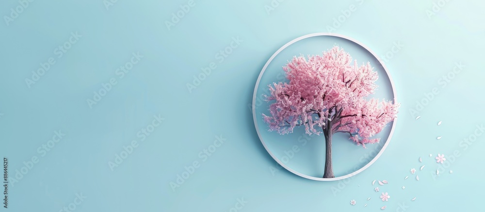 Aufkleber A pink spring tree with white circle provides a creative layout on a blue background for a copy space image in a minimalist nature concept with flat lay paper card