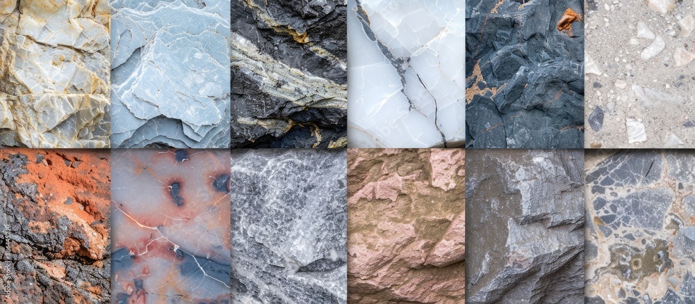 Poster Various natural stone textures such as granite rock and marble are creatively displayed in an abstract background ideal for design with copy space image