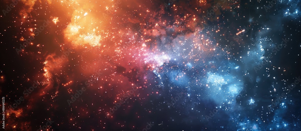 Poster vibrant orange and blue fireworks lighting up the night sky creating a spectacular display with a ba