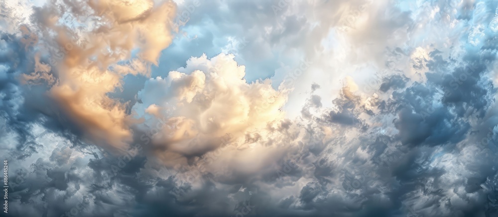 Poster meteorological phenomenon depicted in a dramatic panoramic sky image showcasing dark stormy clouds s