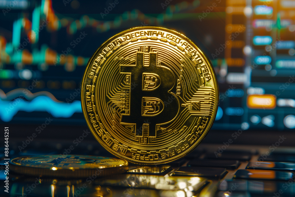 Aufkleber conceptual image of bitcoin cryptocurrency trading and investment - shiny gold bitcoin coin on digit