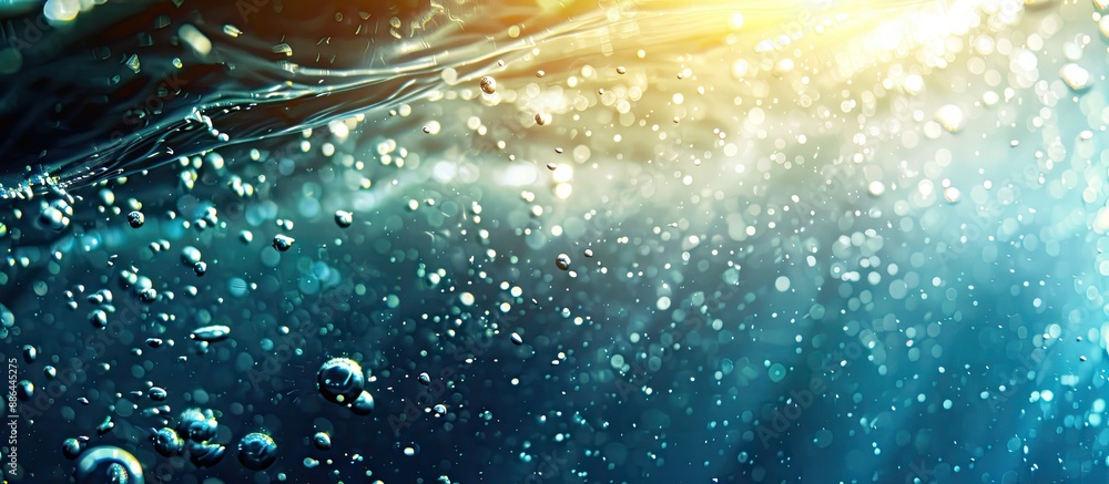 Poster product presentation complemented by underwater background featuring sunlight caustics bubbles and c