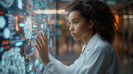 Young scientist analyzing data on a futuristic transparent screen in a laboratory environment, showcasing innovation and technology.