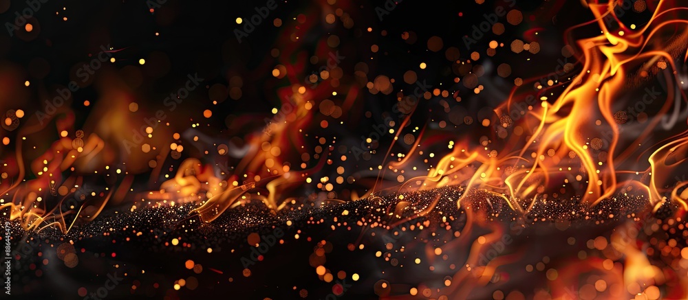 Poster Abstract black background with flames sparks and glowing particles creates a fiery copy space image