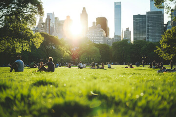A beautiful sunny day in a city park with people relaxing on the grass, surrounded by tall buildings and trees, representing urban tranquility.