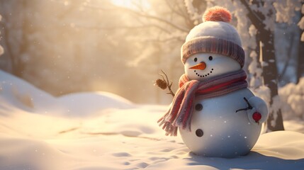 Obraz premium Adorable snowman in a winter landscape, donning a hat and scarf, with sunlight and soft shadows
