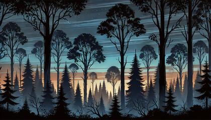 Forest at dusk RPG game background with darkening skies